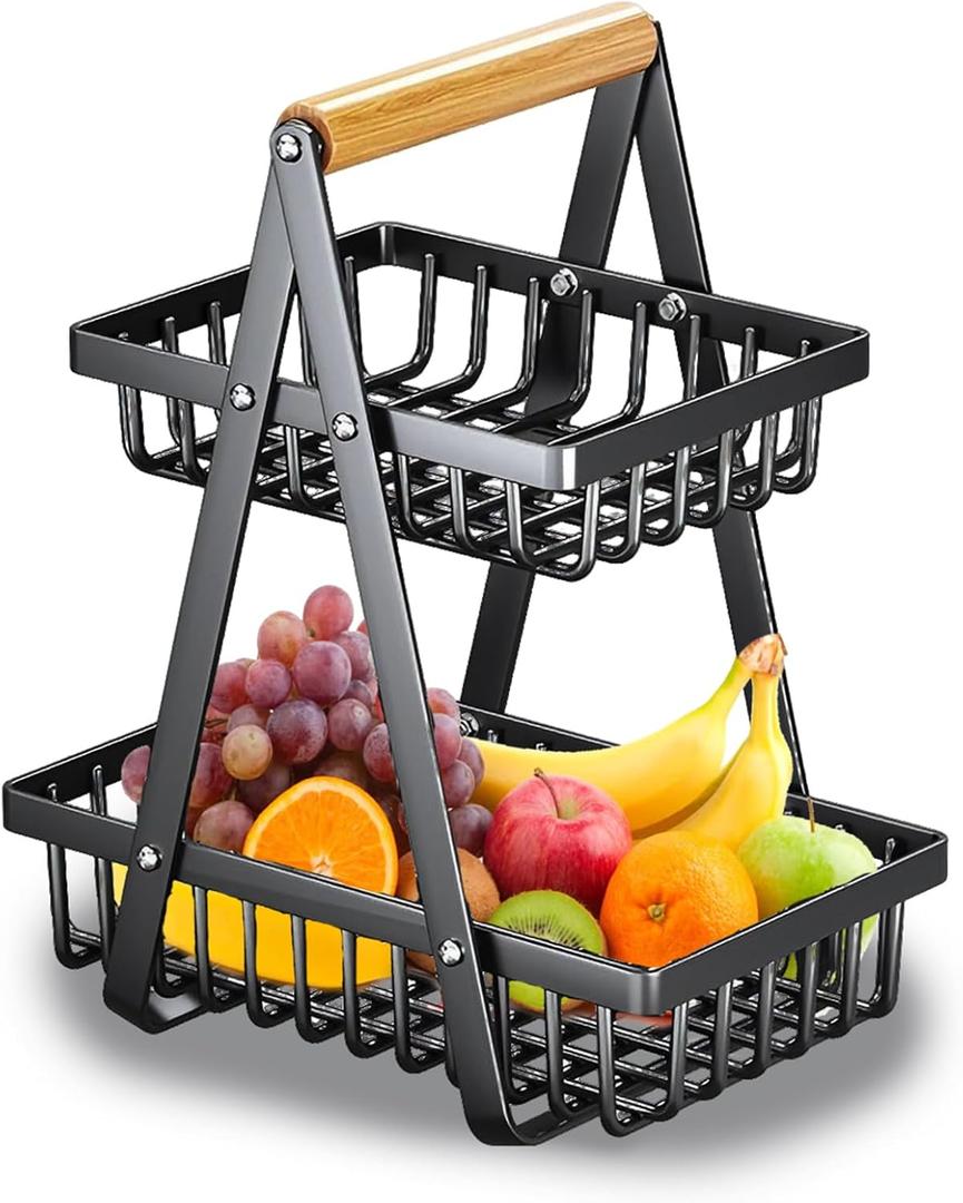 2 Tier Countertop Fruit Basket with Wood Handle, Kitchen Storage Organizer for Fruits, Vegetables, Bread, Snacks - Detachable Rectangular Basket for Pantry, Dining Table (Black)