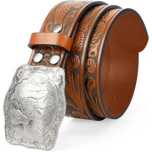 SUOSDEY Western Genuine Leather Belt with Silver Bull Embossed Buckle for Men,Cowboy Engraved Belts for Jeans,1.5" Width (Fits 30"-34" Waist, Brown)