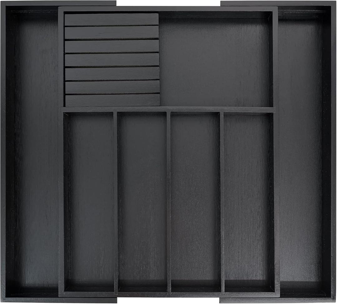 VaeFae Premium Bamboo Silverware Drawer Organizer Kitchen, Expandable Utensil Organizer with Knife Block, Cultery Tray with Divider for Flatware (Black) (Large)