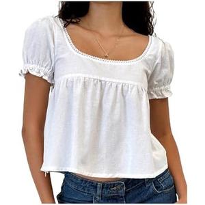 Women Y2k Puff Short Sleeve Top Backless Ruffle Hem Square Neck Fitted Crop Blouse Pleated Solid T Shirt, S