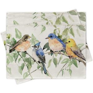 Spring Summer Birds Placemats Set of 4, Bluebird Blue Jay Goldfinch Chickadee Dining Place Mats Table Decor, Seasonal Branches Leaves Home Kitchen Decoration 12 x 18 Inch