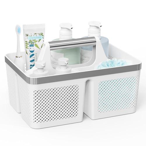 BYUNER Plastic Shower Caddy Dorm: Portable Bathroom Caddy Organizer with Handle and Holes, Cleaning Basket, Hard Shower Basket Storage Tote for Toiletry, College Dorm Room Essentials White/Silver