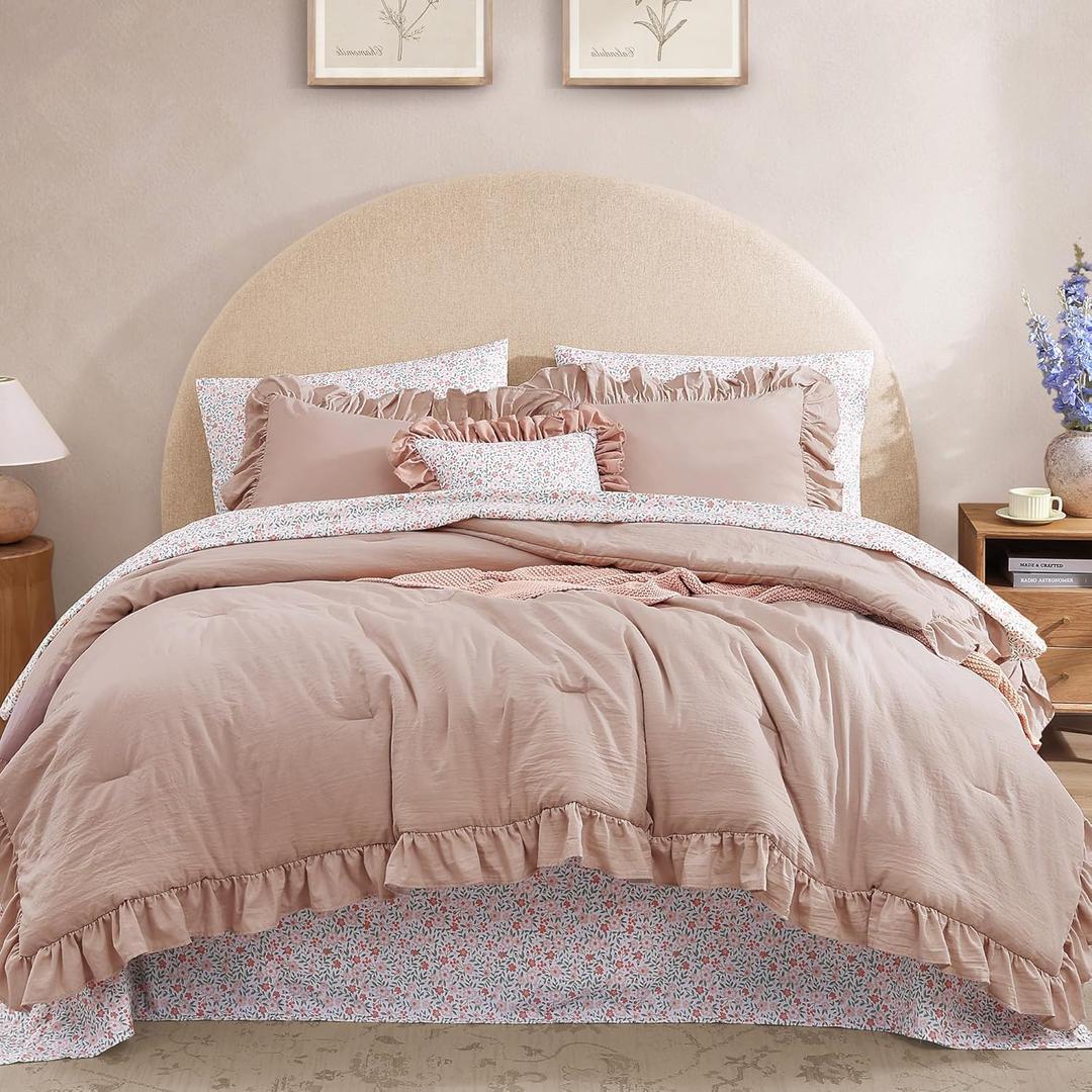BLOOMHAVEN Queen Comforter Set - 7 Pieces Ruffle Pink Bedding Sets, Shabby Chic Farmhouse Bed in a Bag Queen with Ruffle Comforter, Floral Sheets, Pillowcases & Shams (Rose)
