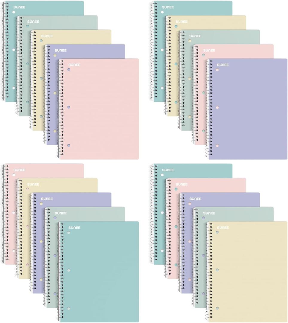 SUNEE Spiral Notebooks, 1-Subject, 20 Pack, College Ruled Paper, 8" x 10-1/2", 70 Sheets per Notebook,3-Hole Punched Paper, Pink,Purple, Blue, Green, Yellow Spiral Lined Notebooks for School,Work