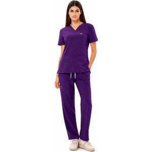 Women's Ultra-Light Medical Scrub Set-130GSM Summer Cooling Fabric-4-Way Stretch, Cargo Pants & V-Neck Top-6-Pocket XXL Purple