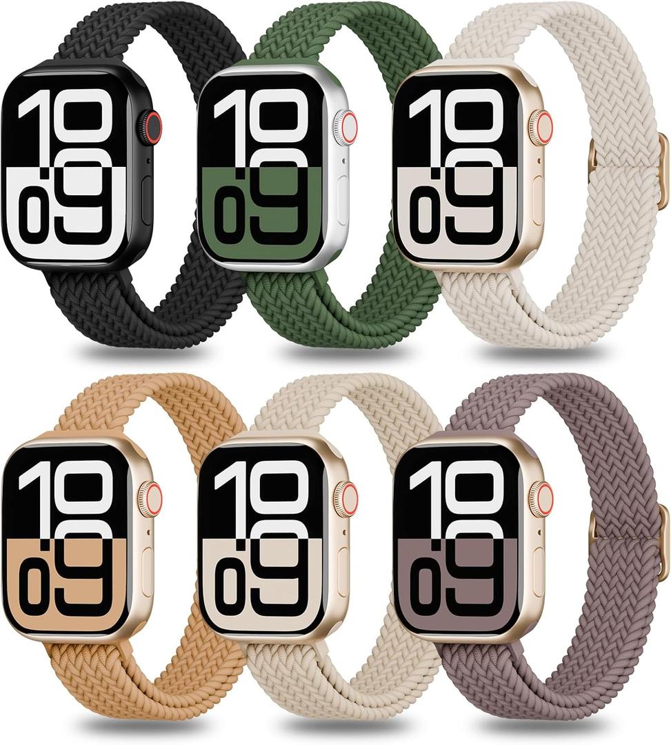 6 Pack Thin Stretchy Braided Compatible with Apple Watch Band 38mm 40mm 41mm 42mm  Women Men, Solo Loop Nylon Slim Strap for iWatch Bands Series 11 10 