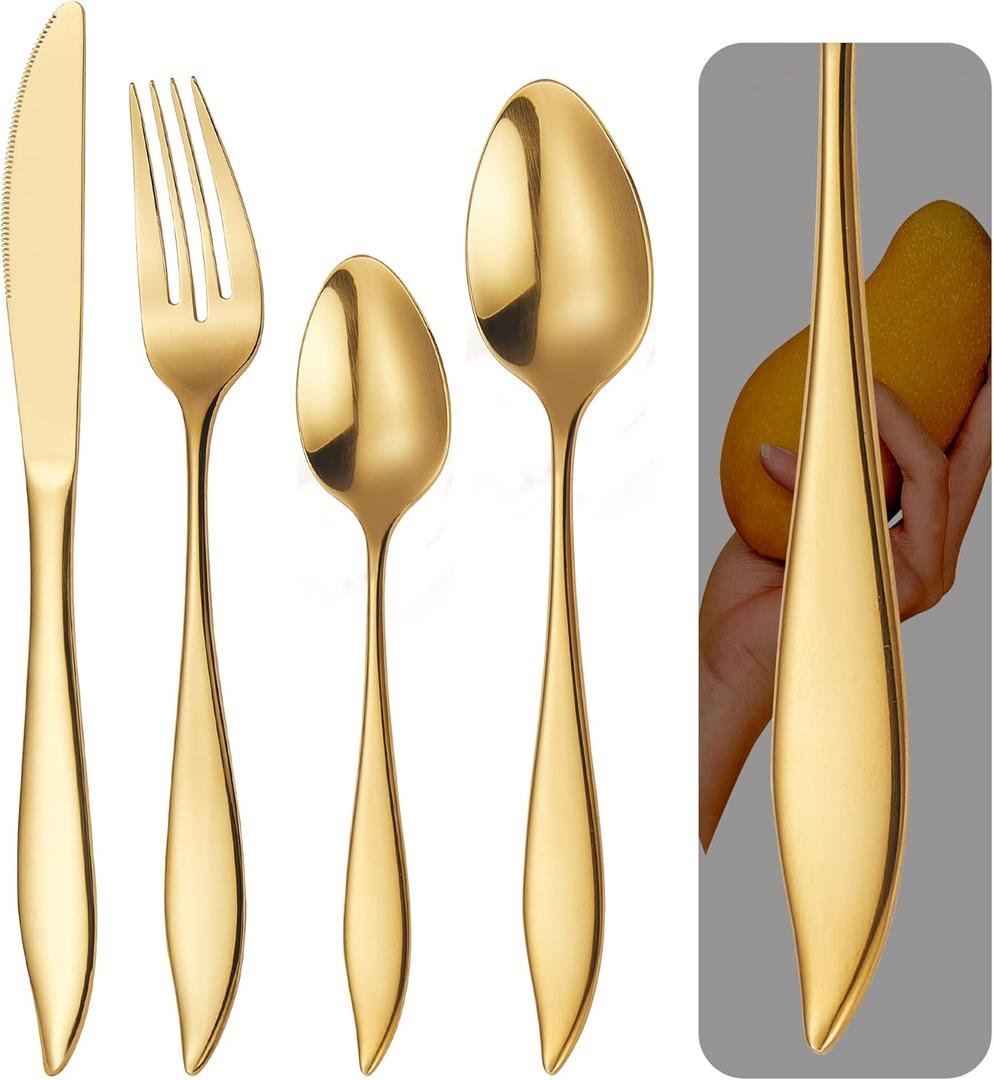 Luxury Gold Silverware Set, Heavy Duty 20-Piece Golden 18/10 Stainless Steel Flatware Sets for 5, Tableware Eating Utensils Titanium Gold Plated, HF Hoften Unique Exclusive Creative Design (Mango)