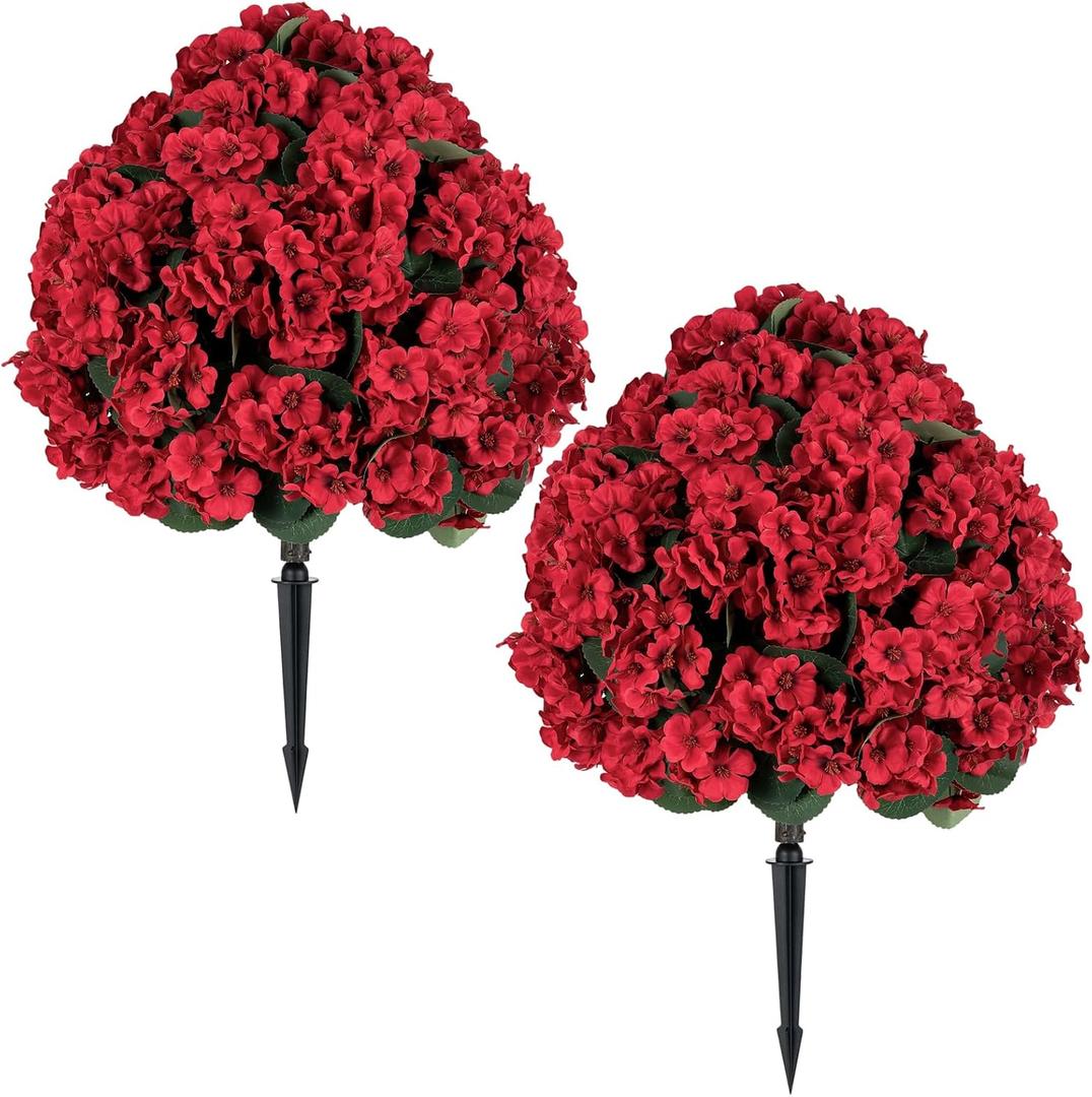 BLOSMON Red Artificial Geraniums for Outdoors, Set of 2, with Ground Stakes
29 x 19.7 Inches, Large, Realistic Topiary Ball Trees, Faux Silk Flower Bushes, for Front Porch Decor, Garden, Entryway
