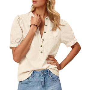Cicy Bell Womens Puff Sleeve Tops Button Down Shirts Summer Casual Collared V Neck Cotton Blouse Beige XL