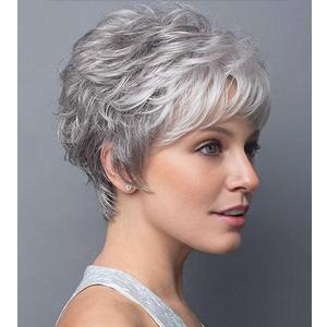 SEVENCOLORS Short Grey Wigs for White Women Pixie Cut Gray Wigs with Bangs Natural Curly Synthetic Hair Short Mixed White Wig for Older Women, Gray 