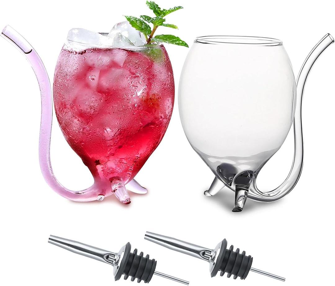 INFTYLE Vampire Wine Glass Set of 2 Cocktail Glass 12oz with Drinking Tube Straw Creative Glass Decanter Cups Mugs for Wine Champagne Juice Home Bar Party Club Glassware Barware Tool (Clear)