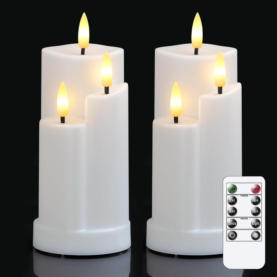 2pcs Flameless 3 Wicks LED Plastic White Candles with Remote Control, 3 Inches x6 Inches Battery Operated Flickering Warm Light Cycle Timer Pillar for Home Party Festival Decoration