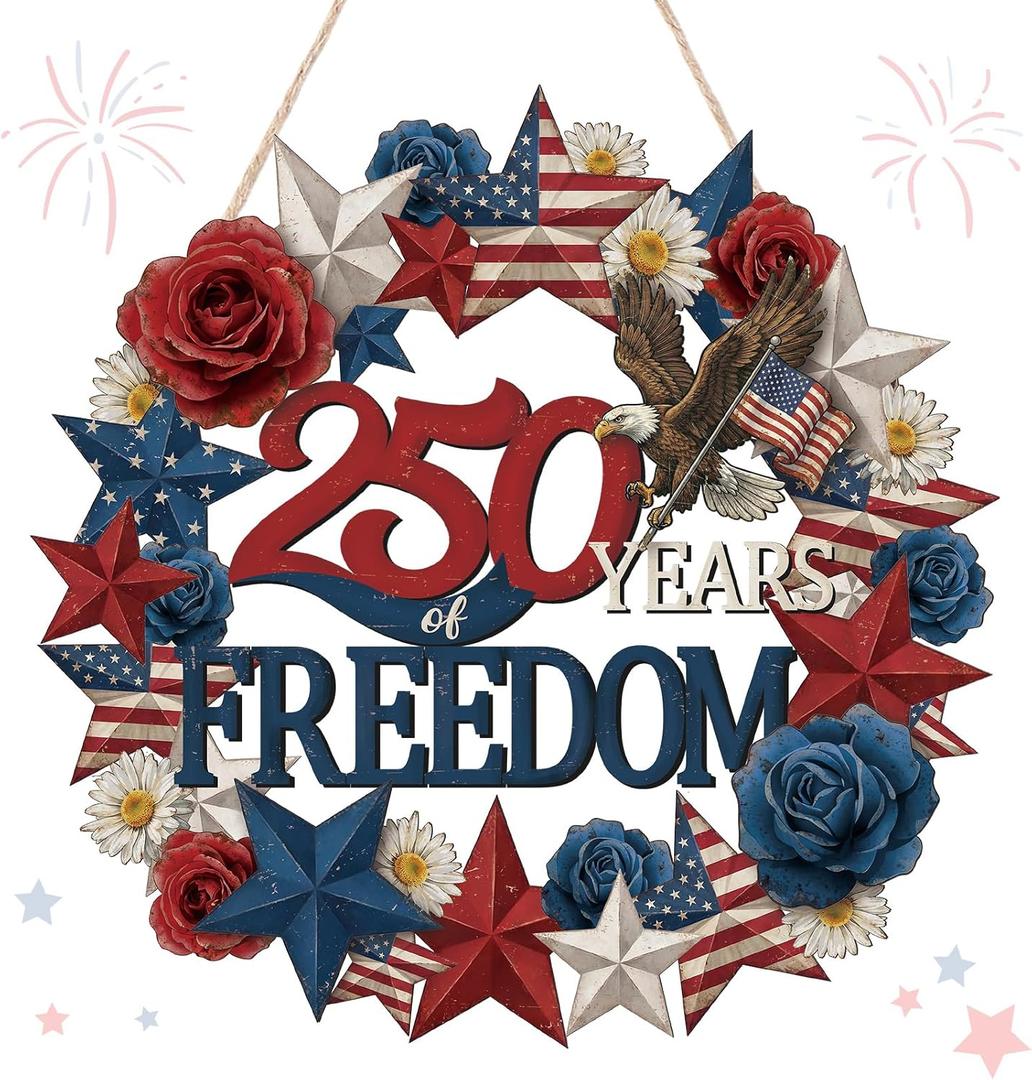 Yalikop 250 Anniversary 4th of July Wreath Patriotic Decorations Wreath for Front Door 250 Years of Freedom Wood Door Sign Hanger Memorial Independence Day Porch Home Wall Decor