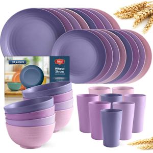 Teivio 32-Piece Kitchen Plastic Wheat Straw Dinnerware Set, Service for 8, Dinner Plates, Dessert Plate, Cereal Bowls, Cups, Unbreakable Colorful Plastic Outdoor Camping Dishes, Purple Ombre