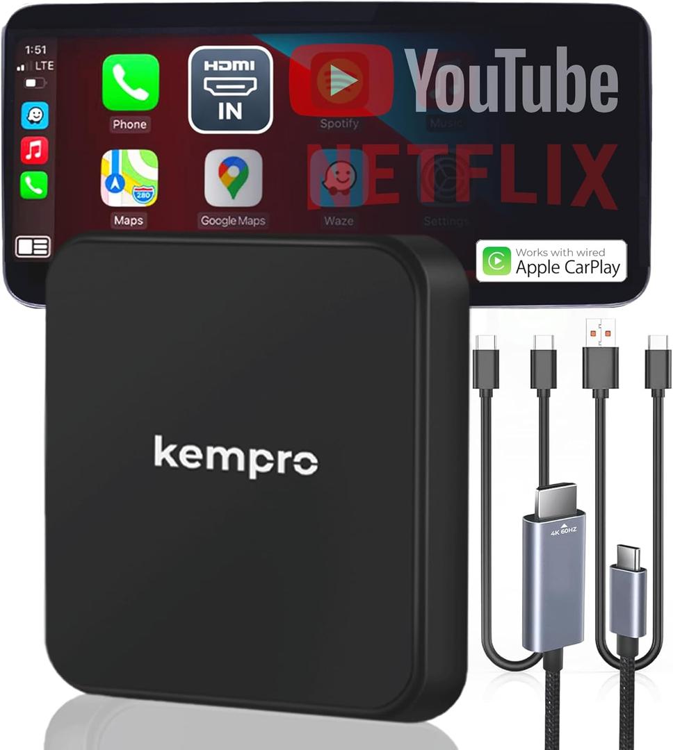 HDMI Wireless CarPlay Adapter  HDMI in for Watch Fire TV Stick, Switch & iPhone on Car Screen 2-in-1 Video Dongle for OEM Wired CarPlay USB A & C