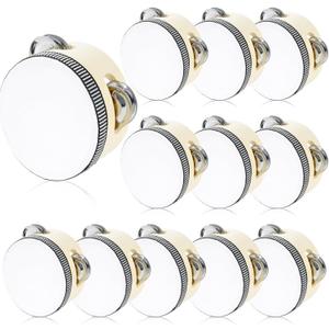 12 Set 4 Inch Wooden Tambourine for Adults, Hand Held Percussion Drum with Metal Jingles, Musical Educational Drums Instrument for Church Wedding Party Games (Wood)