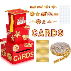 3 x 27 PCS Class of 2026 Graduation Card Box Holder for Party 2026 Graduation centerpiece Nesting Gift Boxes Decorations Gard Memory Keeper Holder for Reception Table Decor for School College(Red Gold)
