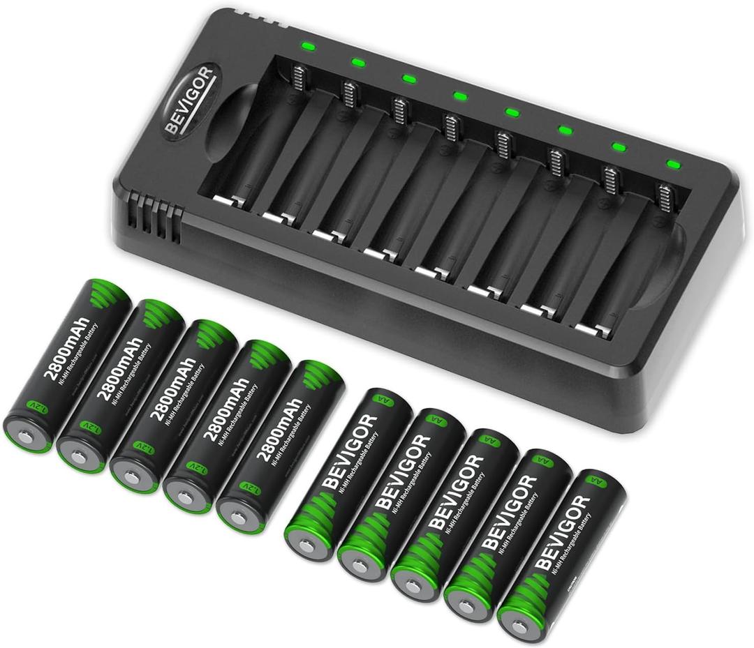 BEVIGOR Rechargeable AA Batteries with Charger, 10 Pack 2800mAh High Capacity Ni-MH Double A Batteries with Smart 8 Bay Smart Battery Charger, USB Fast Charging