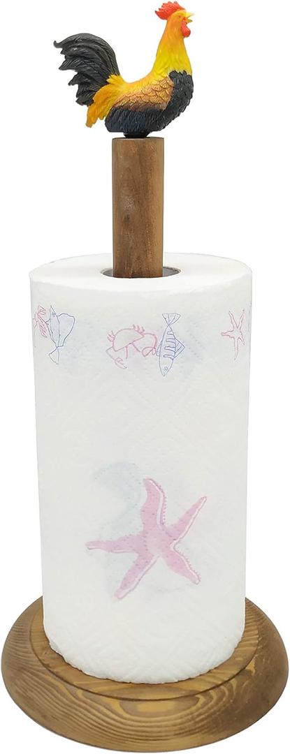 Rooster Design Rustic Brown Wood Paper Towel Holder Stand Up Paper Towel Holder, Easy One-Handed Tear Kitchen Paper Towel Dispenser with Weighted Base for Standard Paper Towel Rolls (Multicolor)