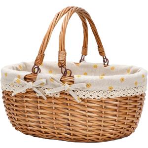 G GOOD GAIN Wicker Picnic Basket with Double Folding Handles,Willow Picnic Hamper,Natural Hand Woven Easter Basket,Easter Eggs and Candy Basket,Bath Toy and Kids Toy Storage,Gift Packing Basket.Yellow