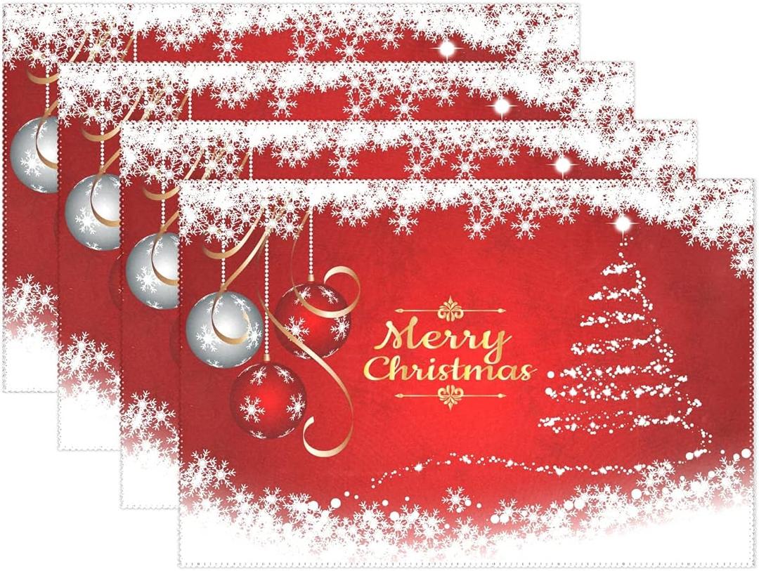 Merry Christmas Placemats Set of 4,Snowflake Ball Xmas Tree Heat-Resistant Kitchen Table Mats Washable Placemats Non-Slip Placemat for Dining Table, Office Party Home Decor