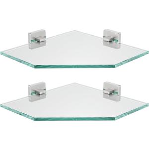 JQK Corner Glass Shelf, Brushed Steel Bathroom 304 Stainless Steel Shower Triangle Floating Wall Shelf, 10 x 10 Tempered Glass, 2 Pack, TGS290L10-BN-P2