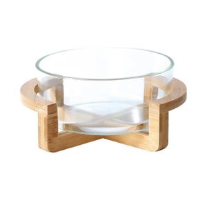 Cabilock Versatile 10 Oz Glass Salad Bowl with Bamboo Base - Heat Resistant Serving Bowl for Fruits, Snacks, and Desserts - Microwave Safe, Dishwasher Safe (7.08 X 5.90 X 3.14 Inch)