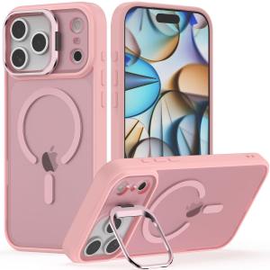 Nvollnoe for iPhone 17 Pro Max Case Compatible with MagSafe Military Grade Shockproof Heavy Duty Protective Adjustable Kickstand Matte Semi Clear Phone Case for iPhone 17 Pro Max(Pink)