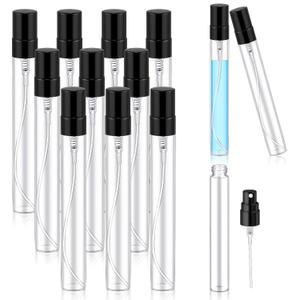 Zhehao 50 Pcs Mini Spray Bottles 10 ml Clear Glass Perfume Bottles Refillable Fine Mist Perfume Atomizer Portable Empty Sample Containers for Cleaning, Essential Oils, Travel (Black Cap)