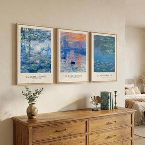 Framed Claude Monet Landscape Wall Art for Living Room, 3 Piece Impressionist Canvas Picture Artwork for Walls, Classic Blue Lake Water Lilies Prints Painting for Bedroom Dining Room Hallway, 16x24 In, 16"W x 24"Hx3Pcs