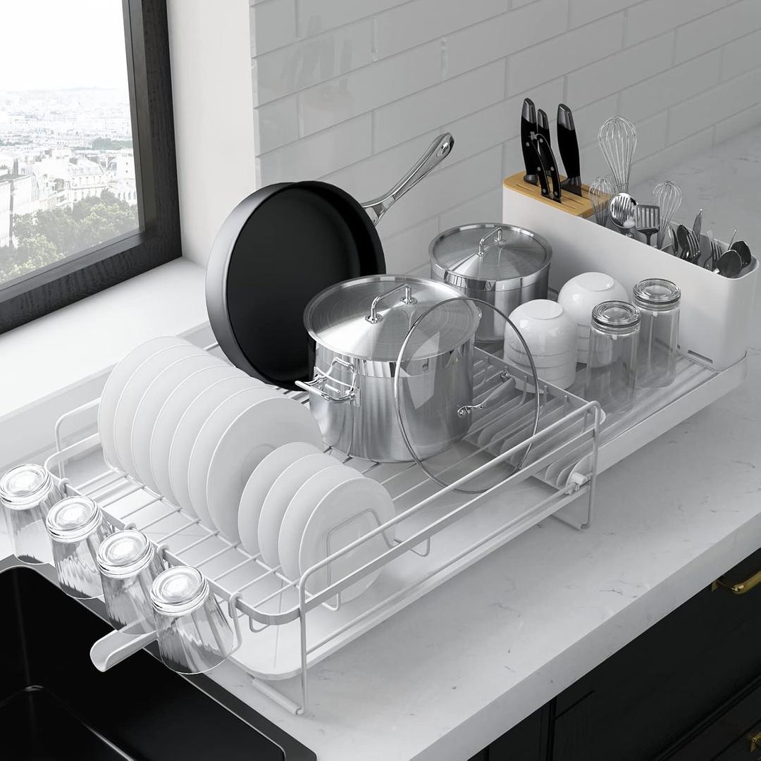Kitsure Large Dish Drying Rack - Extendable Dish Rack, Multifunctional Dish Rack for Kitchen Counter, Anti-Rust Dish Drainers with Cutlery & Cup Holders 19.2"-26.7" L x 12.9" W, White (Standard)