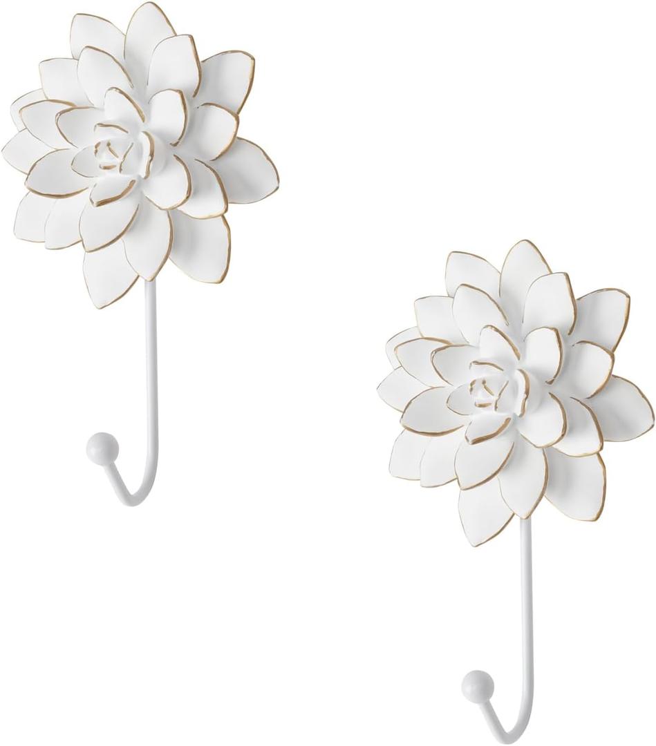 Guichifun Flower Shaped Decorative Wall Hooks - 2pcs Resin White Vintage Decor Hanger for Keys, Bags, Towels Bathroom Living Room Kitchen Home Decoration Gift 4 x 1.5 x 7 Inch