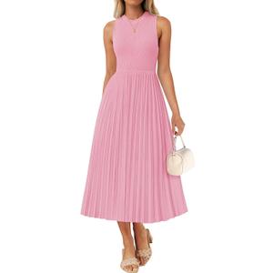 ZESICA Women's Summer Sleeveless Sweater Dresses 2026 Crewneck Knit Pleated A Line Flowy Business Formal Party Midi Dress (Pink, Small)