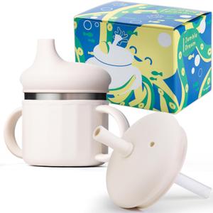 Jumble Dream Stainless Steel and Silicon Sippy Cup Baby Sippy Cup, Training Kids Cups with Silicon Straw, Toddler Tumbler with Spill Proof Straw |12 Month Plus Toddler Cup| BPA Free (Marshmallow Cream)