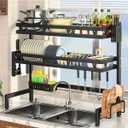 3-Tier Over Sink Dish Draining Rack Adjustable Width and Height with Phone Holder Cup Holder, Knife and Chopstick Holder, Cutting Board Rack, Space-Saving Rack