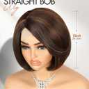 Quantum Love Highlight Bob Wig Layered Cut Mixed Brown Side Part Short Straight Glueless Bob Wigs for Women Realistic Hairline Synthetic Heat Resistant Fiber Hair