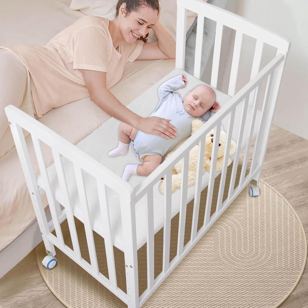 Baby Bassinets Bedside Sleeper - Portable Pine Wood Bedside Bassinet,6 Heights Small Mini Crib with Mattress,Space-Saving Design Baby Crib for Newborns 0-12 Months,White