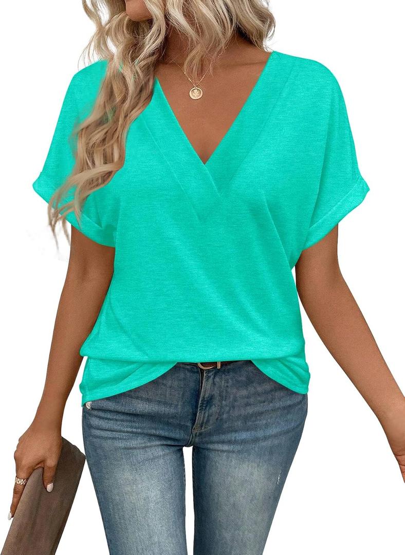 EyMuse Womens Tshirts V Neck Short Sleeve Tee Solid Color Blouse Loose Fit 2026 Summer Casual Tops Aqua, M