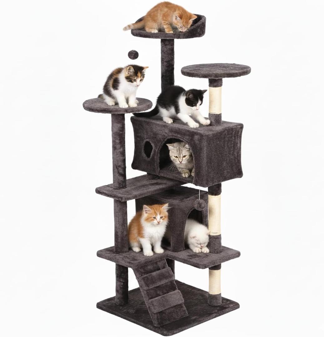 FDW | 54" Cat Tree Tower | Purple Gray | Multi-Level Indoor Activity Center with Sisal Scratching Posts, Condos, Plush Perches, Hanging Cat Toys | Sturdy, Easy to Assemble | for Kittens & Adult Cats