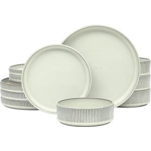 Gibson Elite 8 Piece (Service for 4) Townscape Plates and Bowls Reactive Glaze Embossed Round Dishes Terracotta Ceramic Dinnerware Set - Cream White