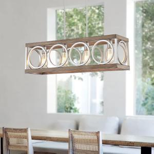 XINGQI 31.5" Farmhouse Dining Room Chandeliers, Large Rectangle Vintage Hanging 4-Light Kitchen Island Lighting,Fixture Rustic Metal Pendant Light, Antique Wood Grain