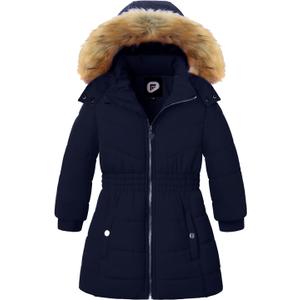 Garemcy Girls Winter Coat Long Warm Waterproof Fleece Lined Puffer Jacket With Detachable Hood & Fur Trim (11-12 Years, Navy)