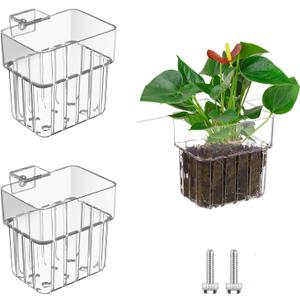 2PCS Aquarium Plant Holder with Hooks Top Clear Acrylic Fish Tank Plant Holder Cup Pots for Fish Tank Aquaponic Plant and Aquascape Decorations (White)