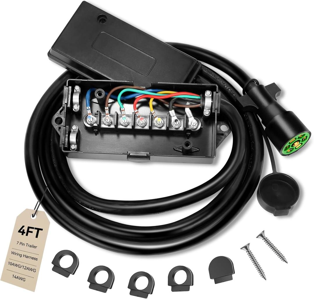 4 Ft 7 Pin Trailer Wiring Harness With 7 Gang Junction Box, Heavy Duty 7 Way Trailer Junction Box 7 Pole Waterproof for RV Trailers, Campers, 7 Pin Trailer Plug With Dust Cover- Pure Copper
