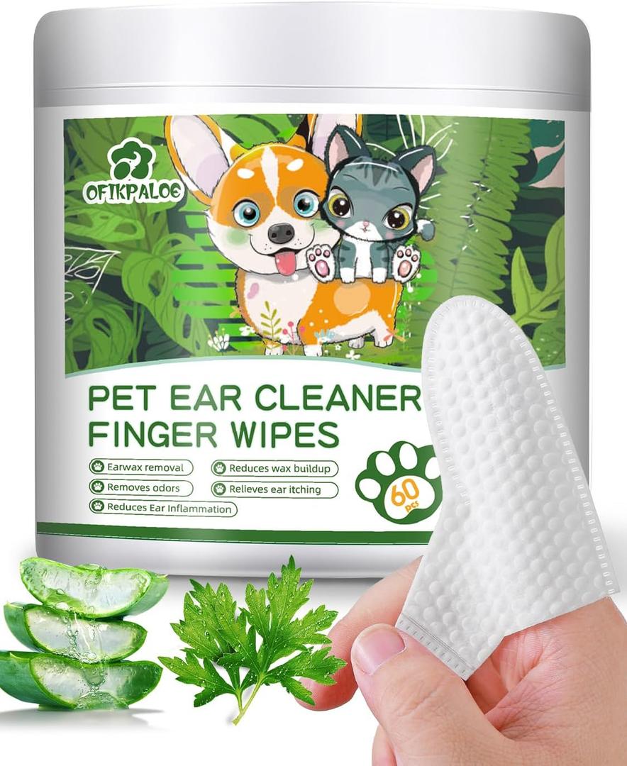 60 Pcs Extra Large Cat & Dog Ear Wipes, Ear Wipes for Dogs, 60 Fit Design, Non-Slip. Wipes Away Ear Wax, Effectively Removes Odor, Relieves Itching and Soothes Skin, Natural Ingredients