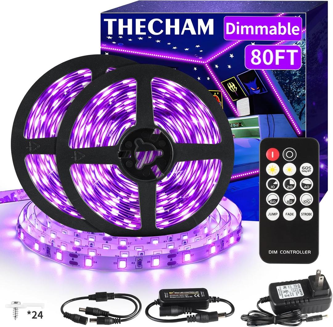 80ft Black Lights Strip with Remote, 1440 LEDs, 12V Flexible Black lights for Glow Party, Adjust Brightness, Delay Off, 3 Light Modes, Indoor Party, Stage Lighting