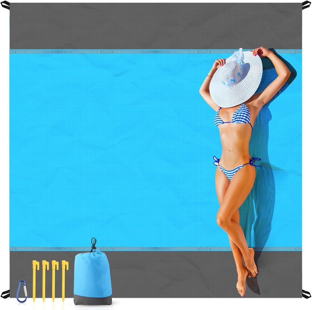 EASYFUN Beach Blanket Sandproof Oversized, 79''83'' Extra Large Beach Mat, Portable Picnic Mat for Travel Camping Hiking, Lightweight Beach Essentials Family Water Resistant Mat Nylon 210T (Blue)