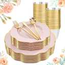 BUCLA 180PCS Pink Plastic Plates - Pink with Gold Rim Disposable for Party Include 30 Each (Dinner & Dessert) Plates, 30 Knives, 30 Forks, 30 Spoons, 30 Cups for Wedding, Birthday & Mother's Day