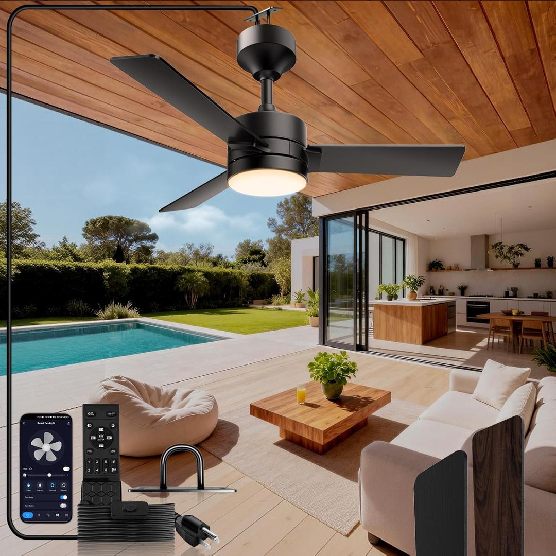 36 inch Plug-In Outdoor Ceiling Fan with Lights and Remote,LED Gazebo Hanging Fan with Hook,Dimmable Gazebo Fan,3000-6500k,Portable Fan for Gazebo,Balcony,Patios,Garage,Bedroom. (Black)