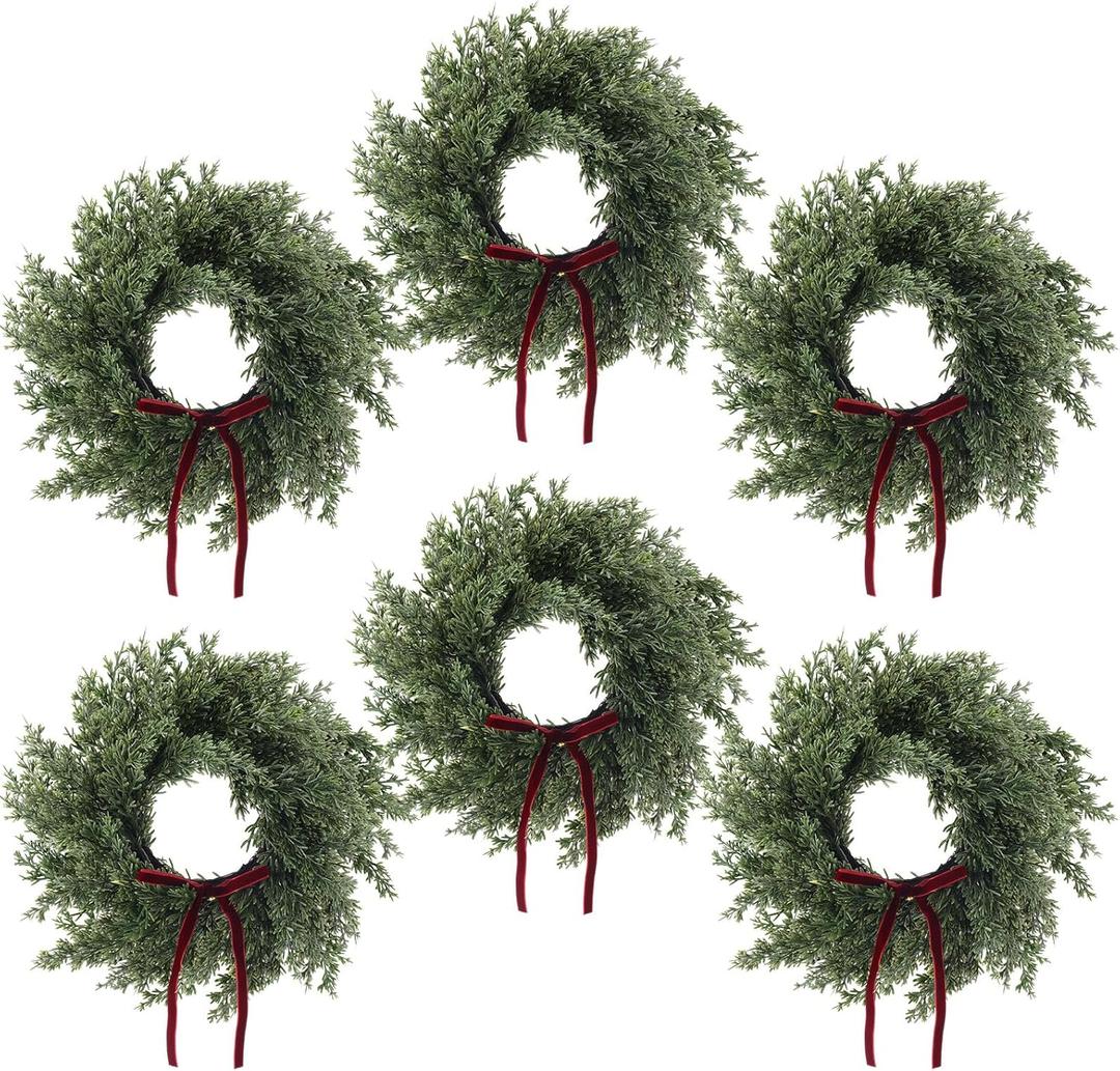 Suncalla 6 Set 12 Inches Christmas Pine Wreath with Red Bow Cedar Wreaths Realistic Christmas Decorations for Holiday Xmas Wall, Window, Outdoor Indoor